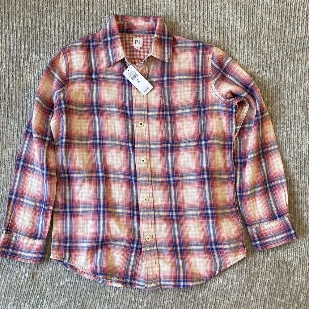 NWT Gap Kids Plaid Button Down Shirt Size 8 Medium‎ Blue Pink Spring